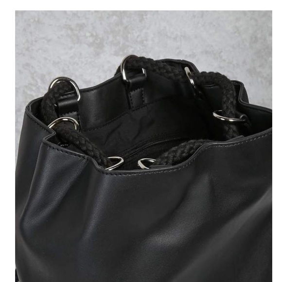 Forever21 Black Leather Drawstring Bucket Backpack - Picture 2 of 3